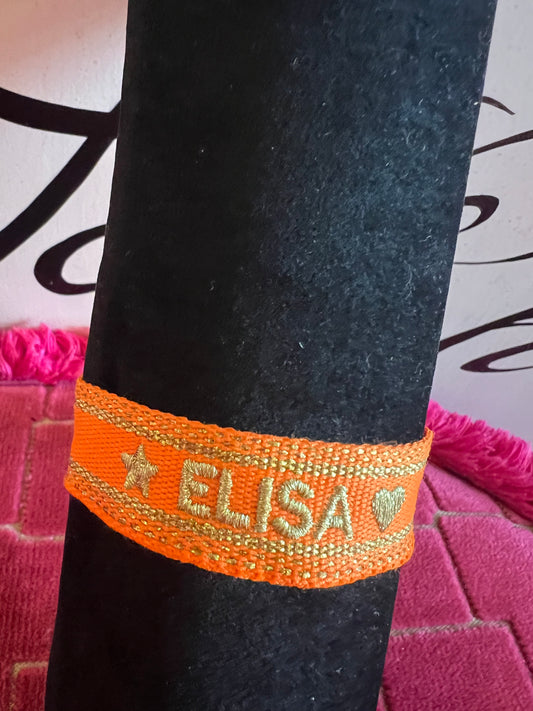 Bracciale tessuto regolabile con nome Elisa fondo arancio