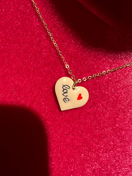 Collana  argento placcata “love “oro cuore rivestito di ceramica rosa baby dipinto a mano