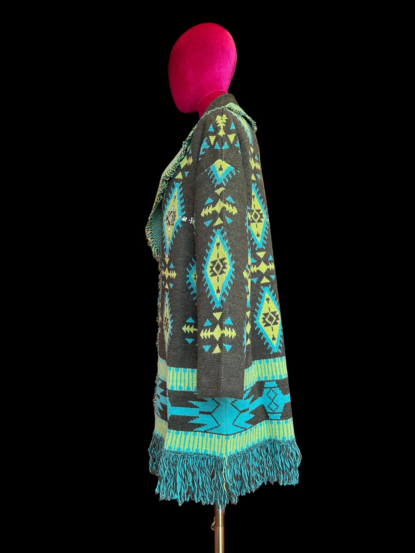 Colour market cardigan jacquard con cinta turchese, strass e frange verde militare e turchese