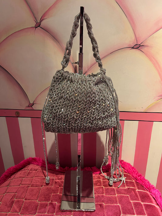 Borsa motivo intrecciato cristalli argento con frange di cristalli