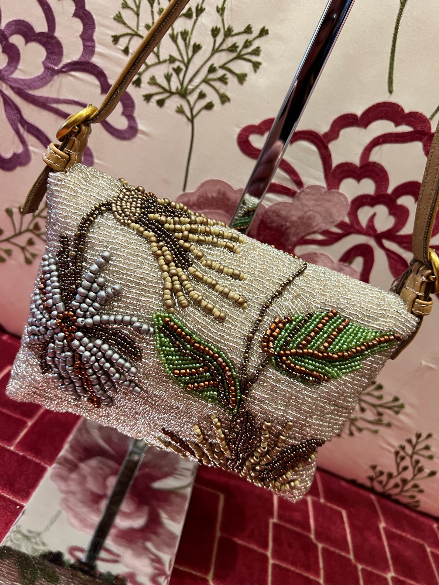 Maliparmi borsa piccola perline argento beige e verde