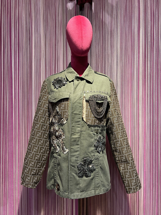 ABpink 🩷 la verdina , giacca militare con patch tigre, fiori cristalli e tessuto FF