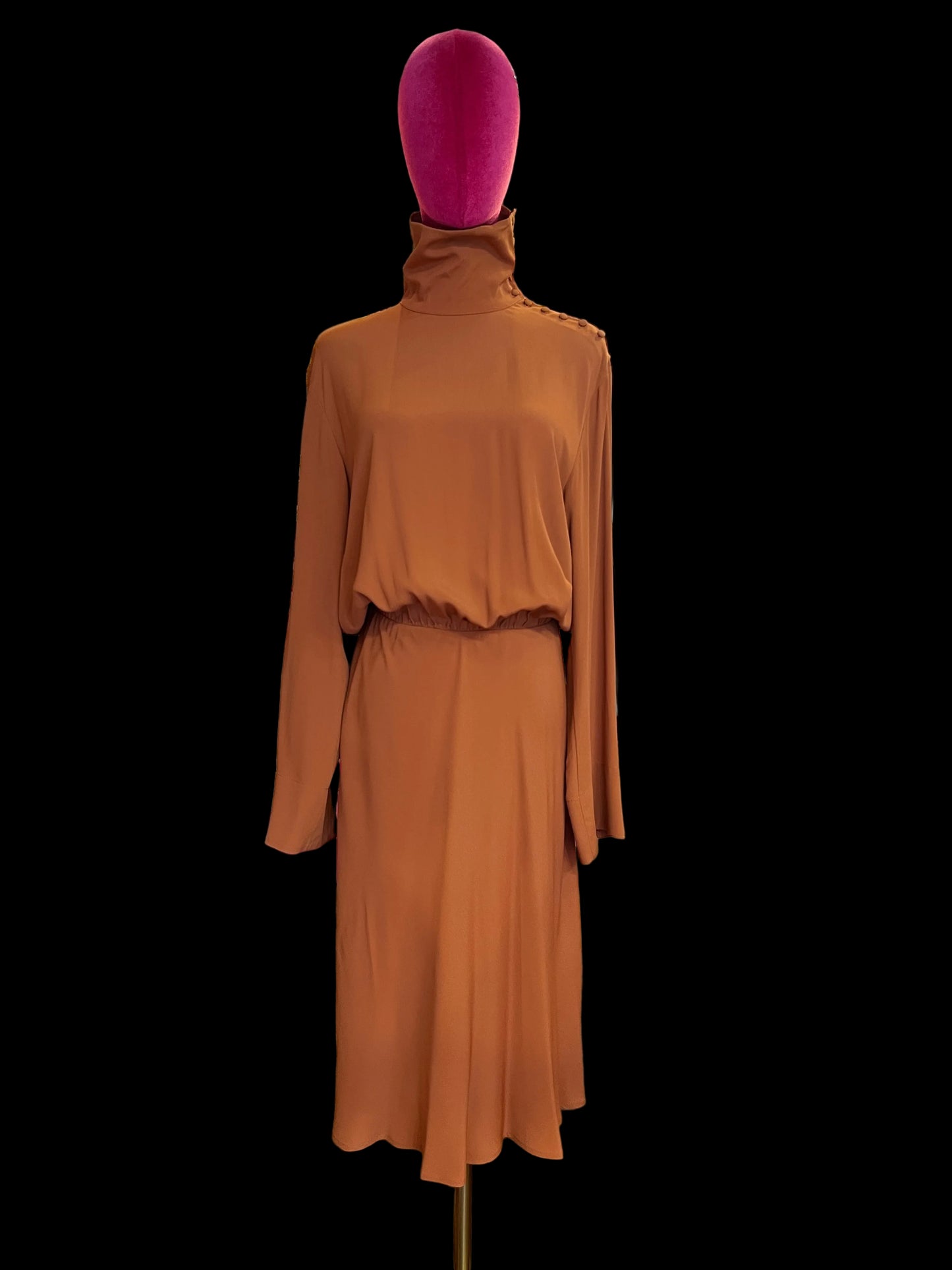 Semicouture abito in crepe de chine collo con bottoncini elastico in vita,scollo drappeggiato