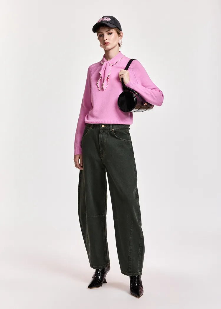Essentiel antwerp maglia mista lana e cachemire rosa bubble con colletto decorato con perline