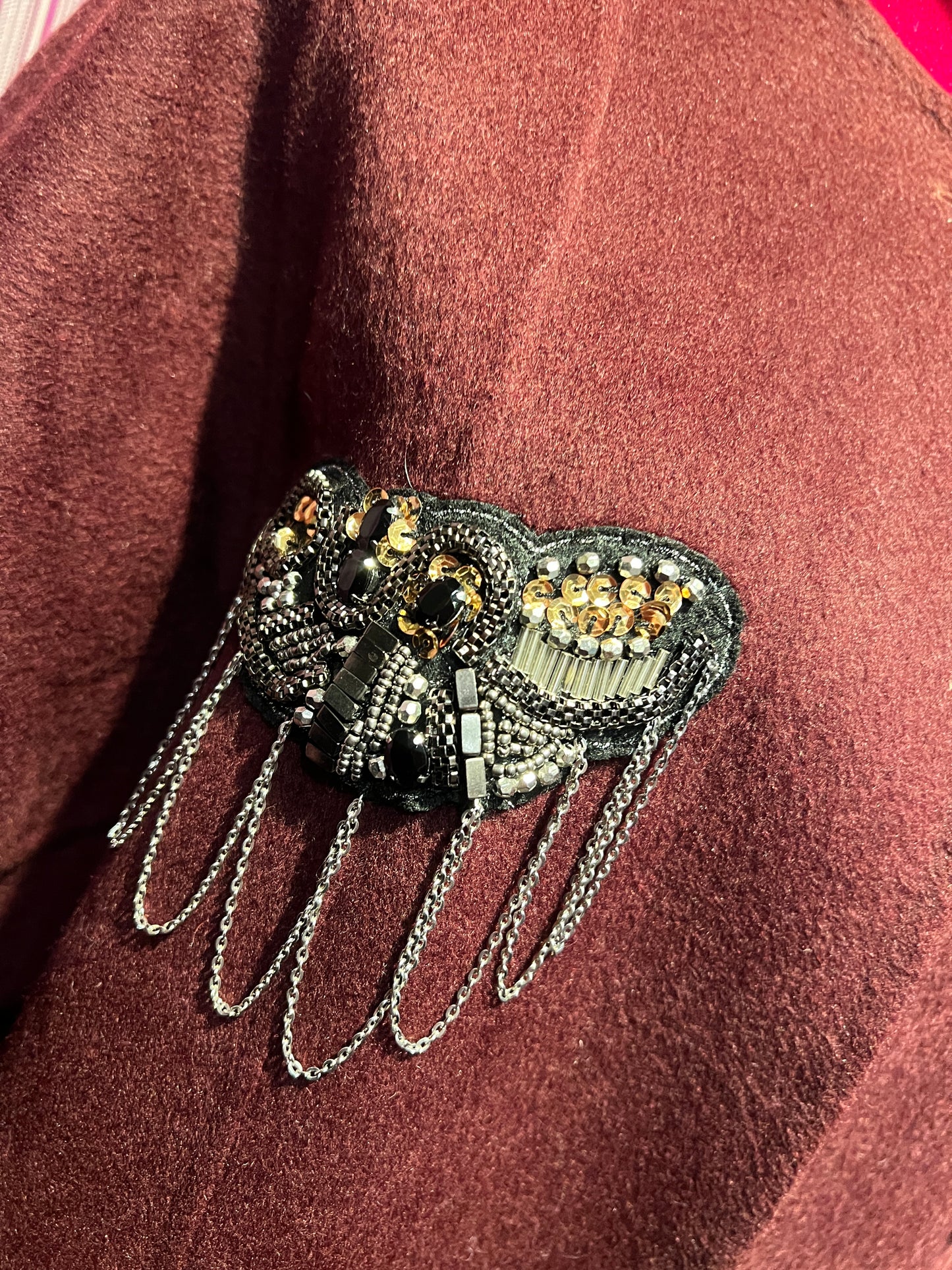 ABpink 🩷cappotto sfoderato Burgundy con frange e sciarpa rimovibile, patch cristalli e patch paillettes topolino