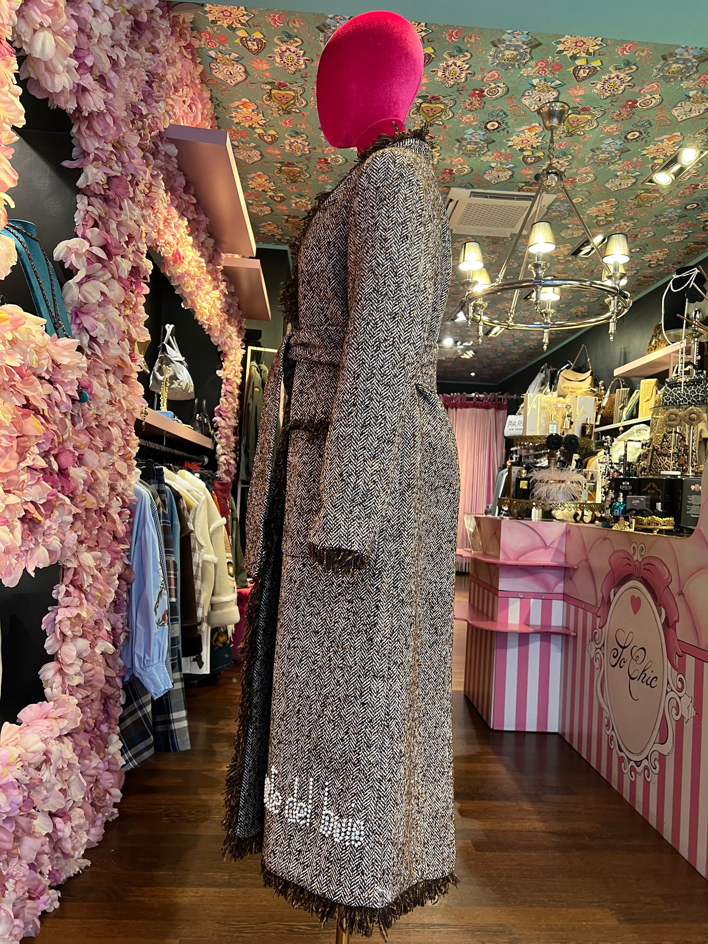 Front street cappotto tweed con dettagli sfrangiati ,  scritta perle