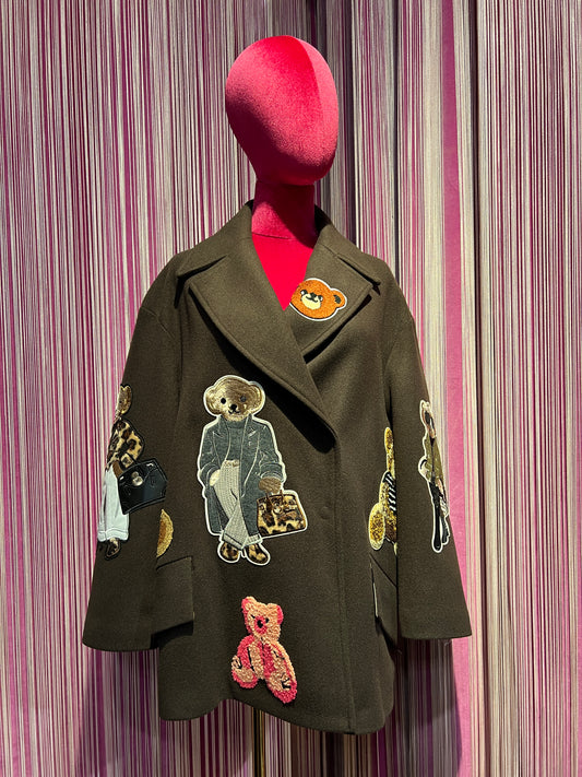 Caban Romantic luxury coat giacca/cappotto cioccolato doppiopetto oversize con patch orsetti