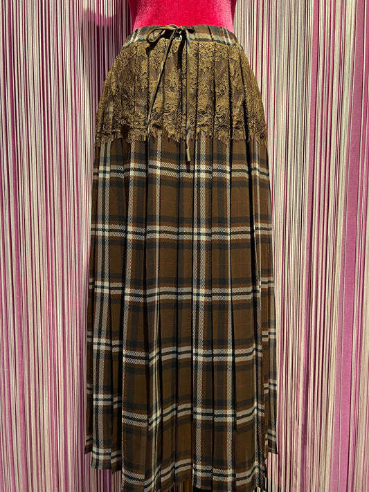 Ermanno Scervino gonna tartan a pieghe in georgette con applicazione pizzo , vita elastica con coulisse