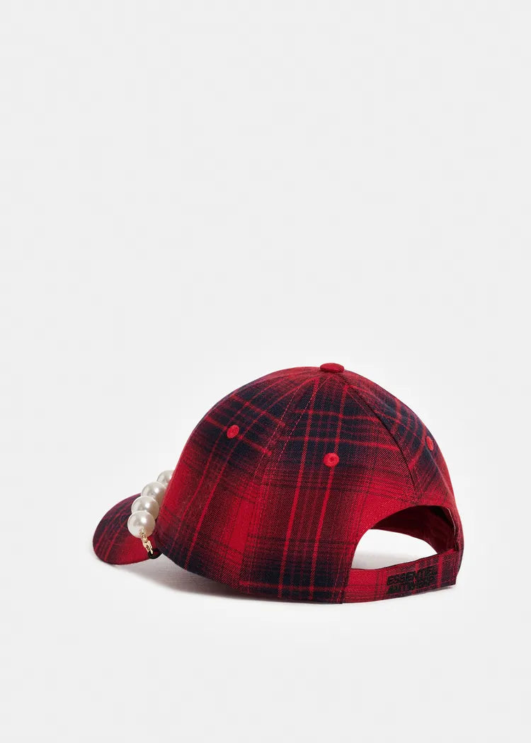 Essentiel antwerp cappello con visiera a quadri rossi con decorazione rimovibile in finte perle