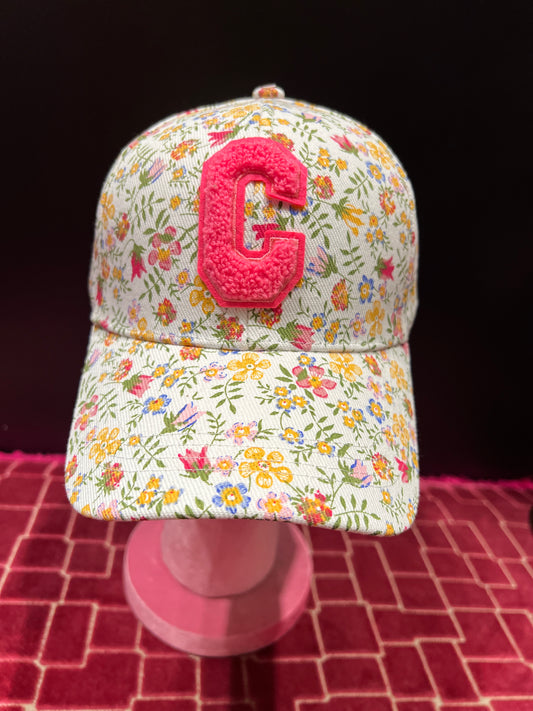 Cappello cotone regolabile con visiera fantasia floreale multicolore su fondo panna , C fucsia