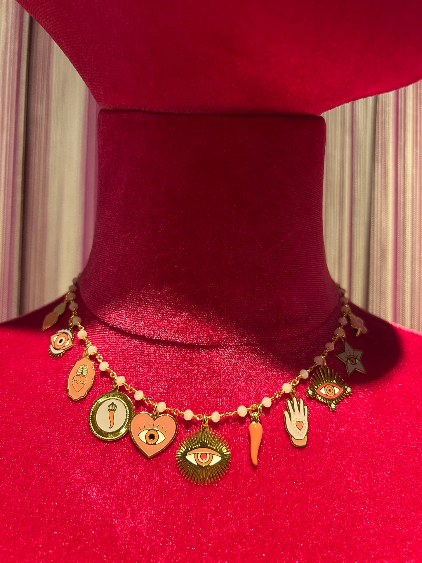 Principessa glam collana girocollo perline rosa con charms occhio rosa cornetto rosa