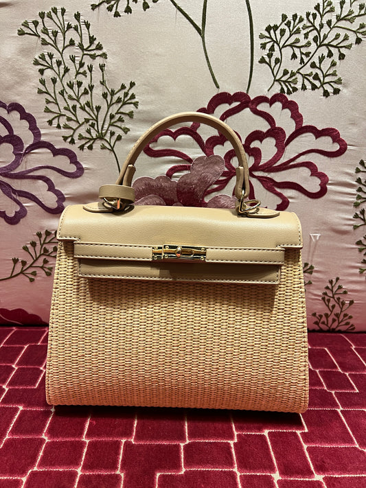 Borsa ecopelle e rattan con tracollina taupe e avorio