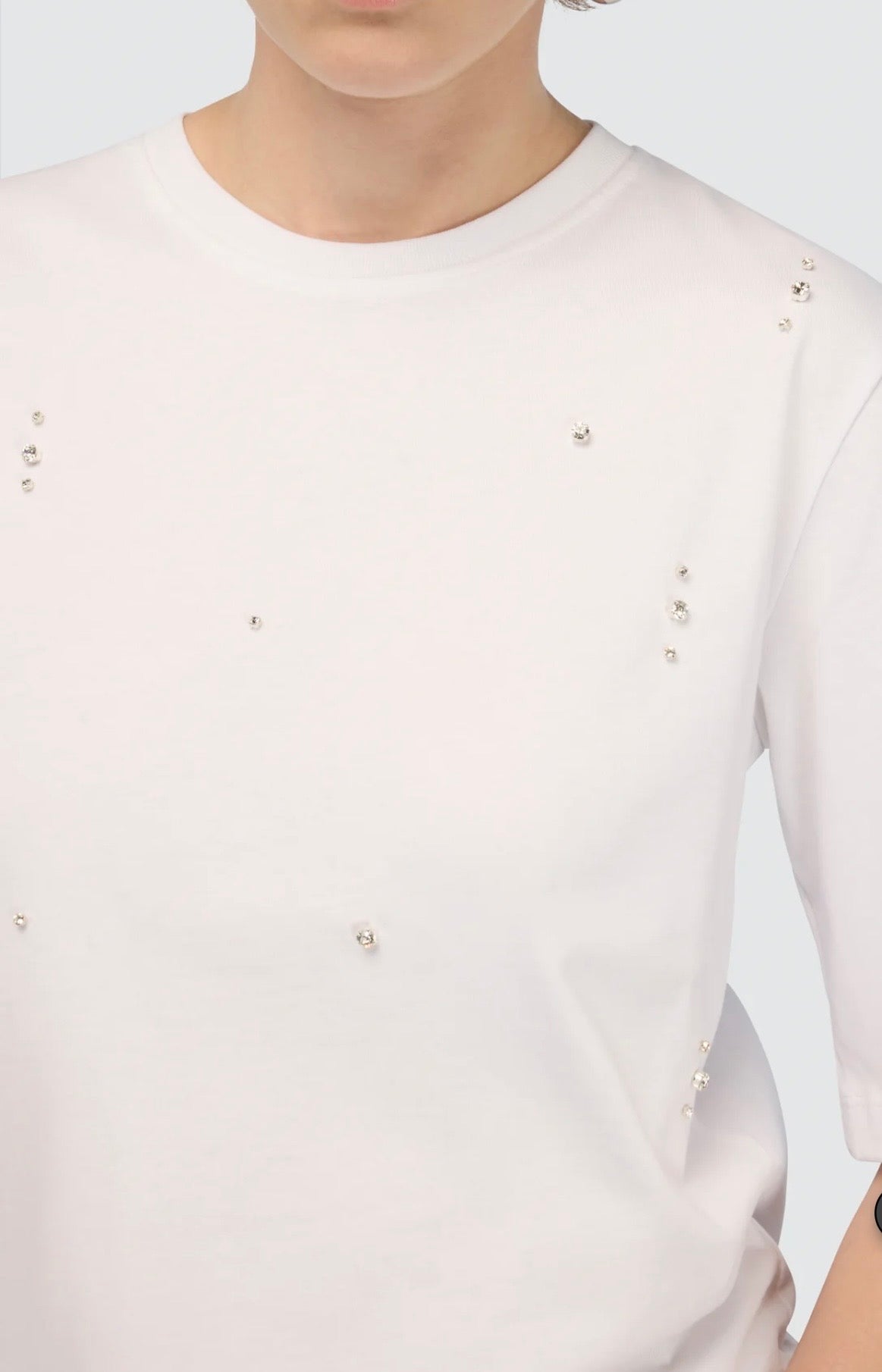 Semicouture t shirt in cotone ricamata con strass sfaccettati effetto crystal