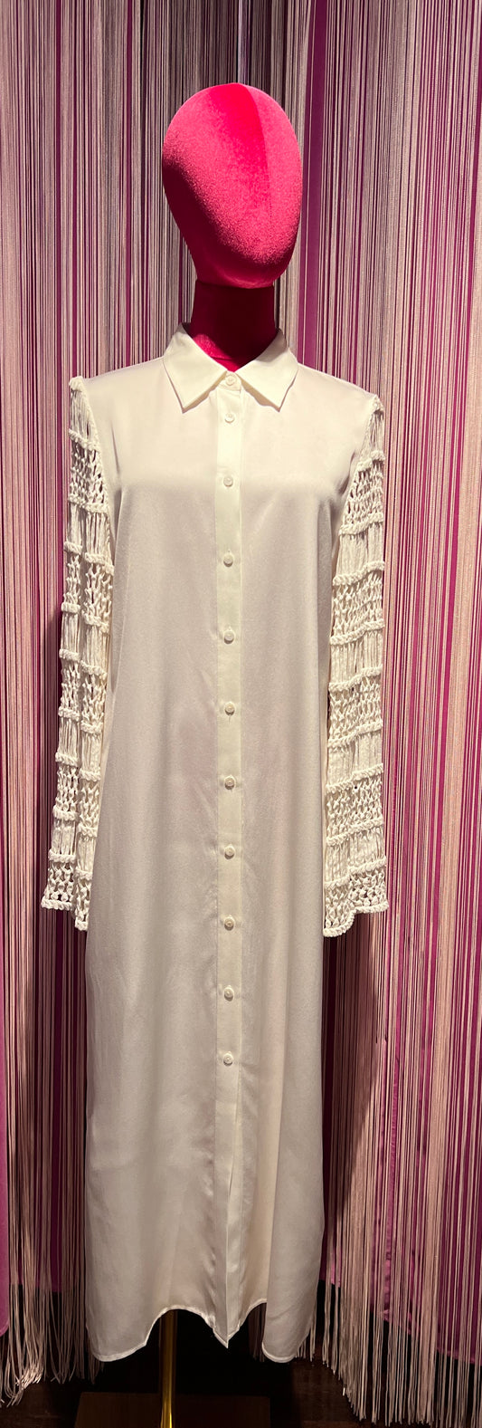 Isabelle Blanche Paris abito lungo  in crepe viscosa inserti maniche uncinetto bianco