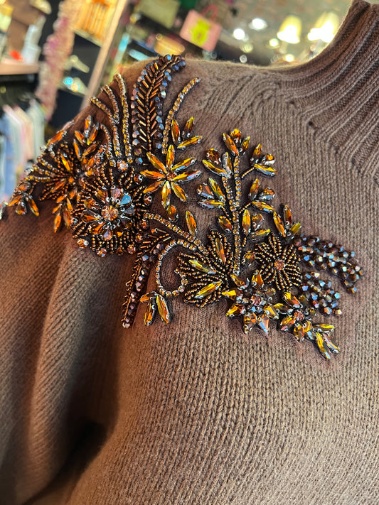 Ermanno Scervino maglia collo alto con ramage bronzo cristalli e perline