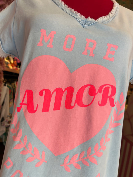 Mon amour Paris -20% dí sconto t shirt celeste cuore e scritta more amor por favor fucsia