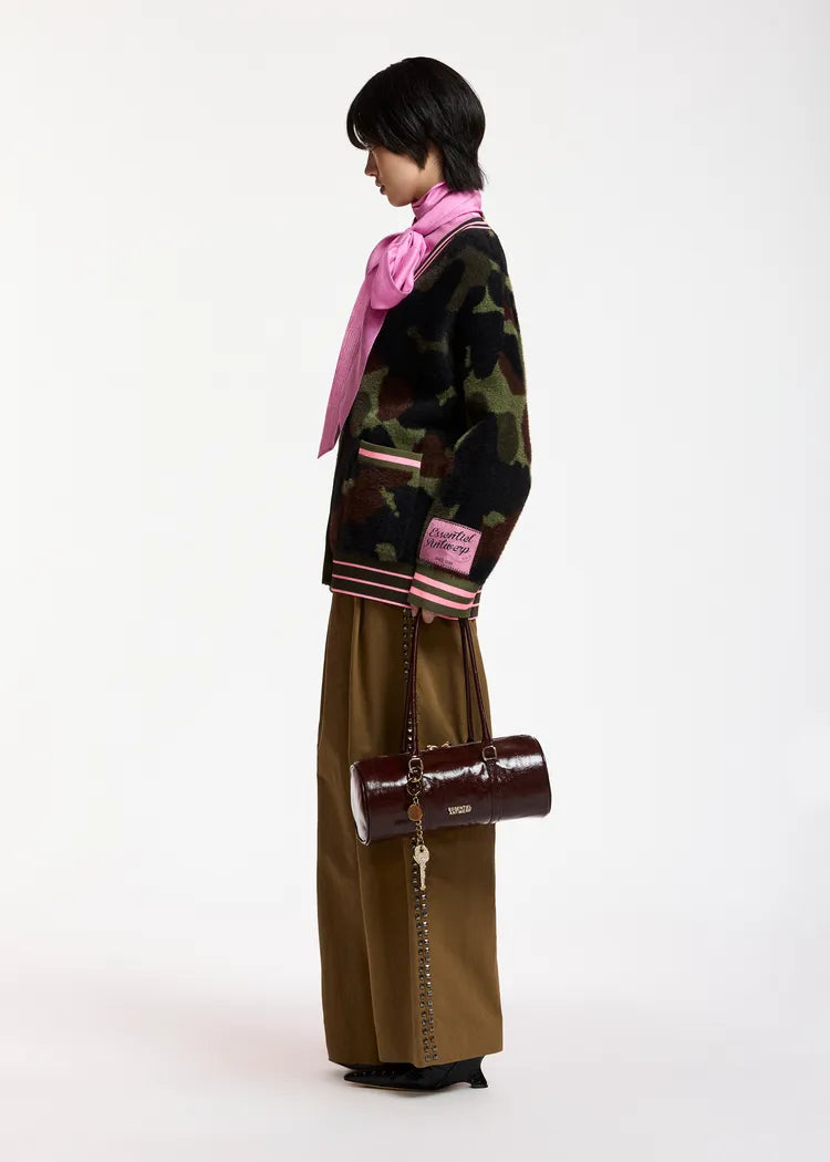 Essentiel antwerp cardigan jacquard mimetico kaki marrone con bordi a righe rosa
