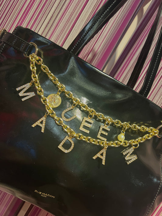 Rue Madam Paris borsa shopping ecopelle nera due manici con catene oro e charms
