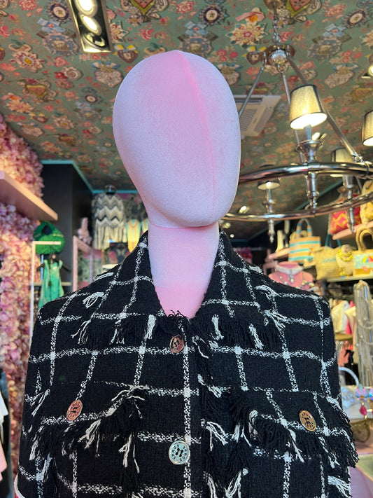 5 Progress giacca/cappotto in tweed con frange e patch