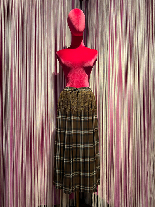 Ermanno Scervino gonna tartan a pieghe in georgette con applicazione pizzo , vita elastica con coulisse