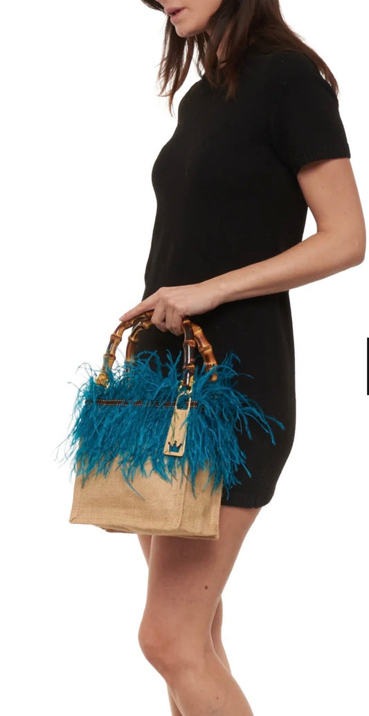 La Milanesa borsa intrecciata in juta manici in bamboo tracollina dorata violetta small ottanio