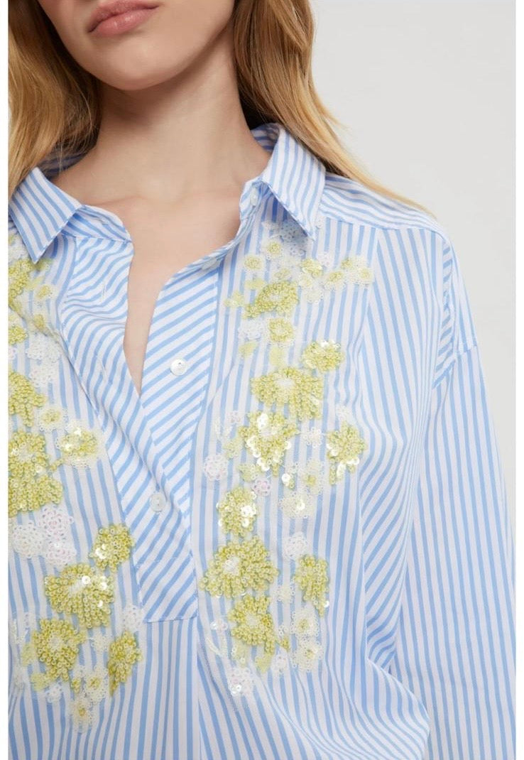 Ermanno Scervino camicia righe con ricamo paillettes gialle e bianche fiocco posteriore