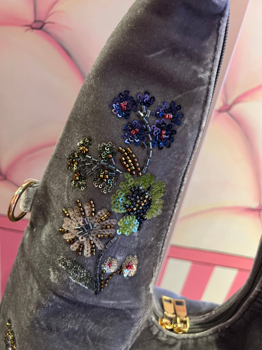 Love & roses borsa a spalla di velluto grigia con ricami floreali dí paillettes e perline stile orientale, tracollina