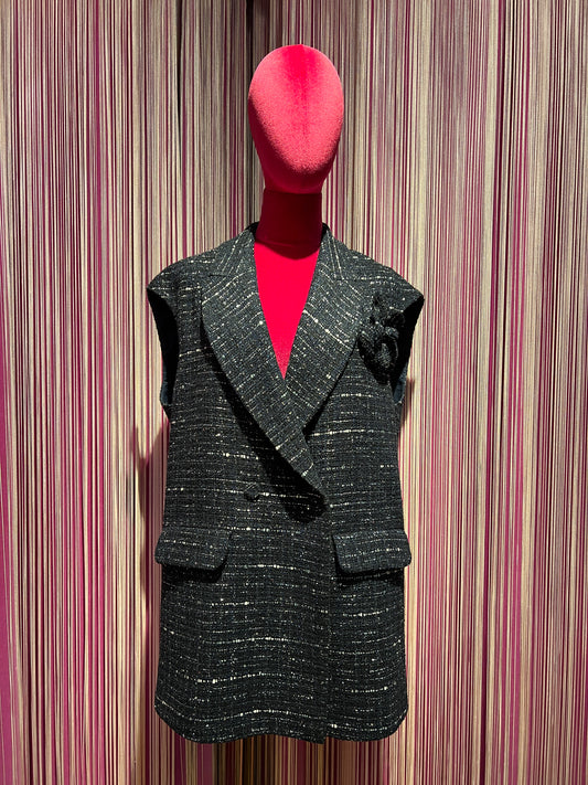 Mouche gilet in tweed blu e argento spilla camelia