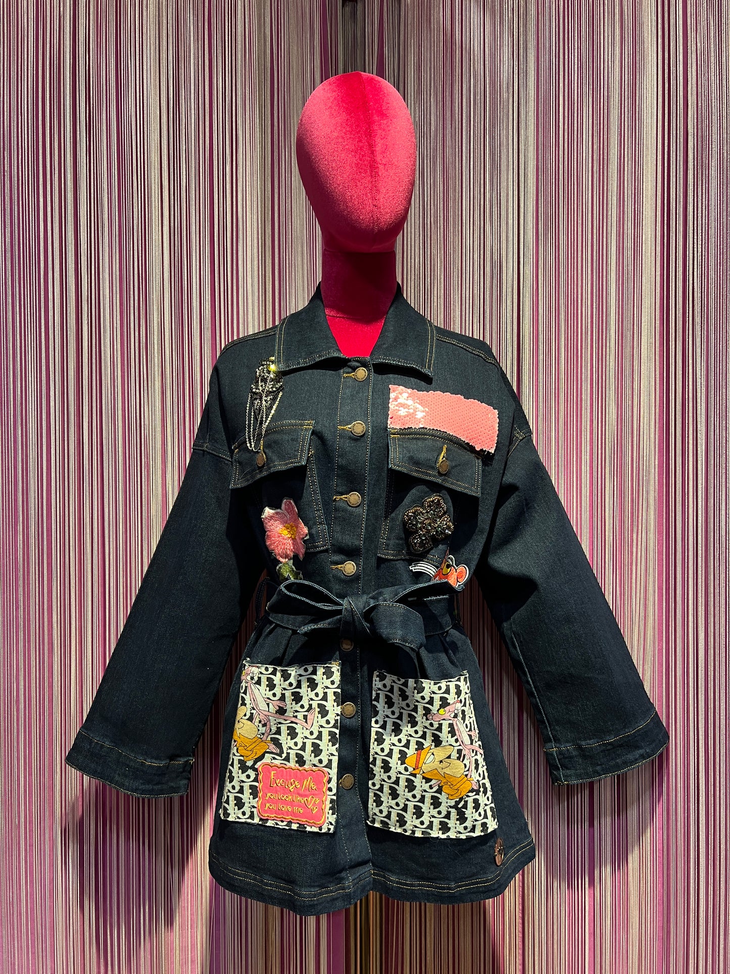 ABpink 🩷 giacca denim con cintura applicazioni pantera rosa