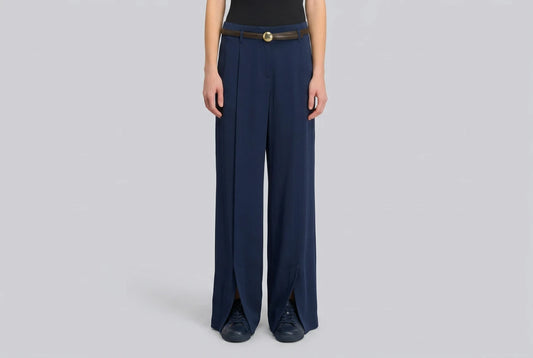 Semicouture pantalone blu in satin spacco sul fondo , gamba dritta