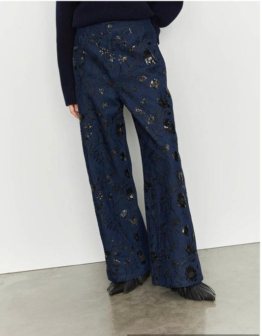 Isabelle Blanche Paris pantalone jeans denim con ricamo sul davanti