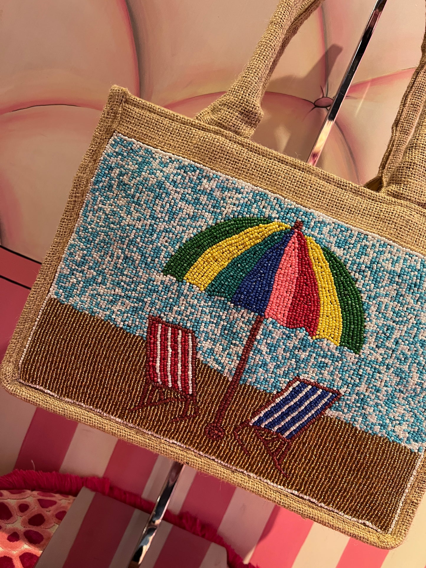 Borsa tela due manici con decorazione perline