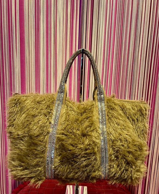 Borsa ecopelliccia tortora con Swarovski e pochette