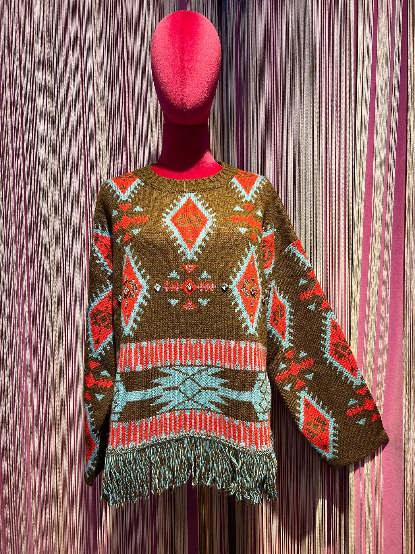 Colour market maglia jacquard con frangia e Swarovski marrone turchese e rosso