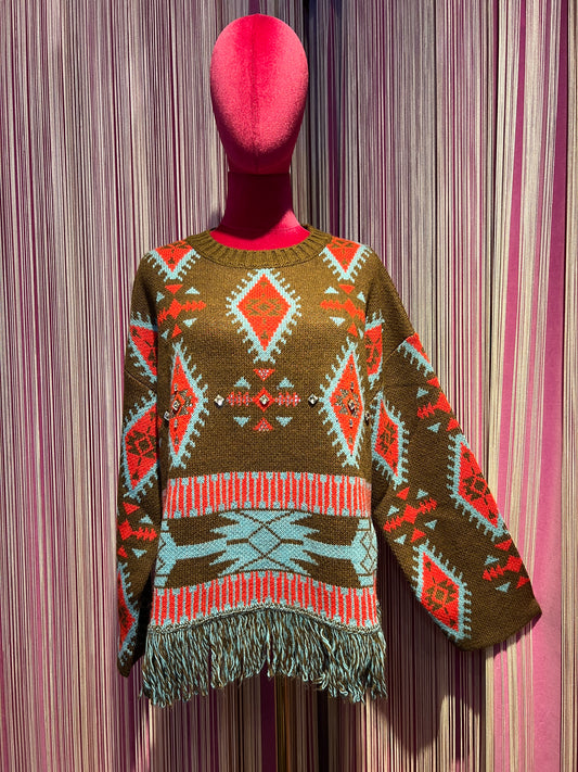 Colour market maglia jacquard con frangia e strass marrone turchese e rosso