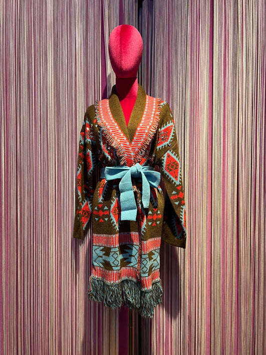 Colour market cardigan jacquard con cinta turchese strass e frange marrone rosso e turchese