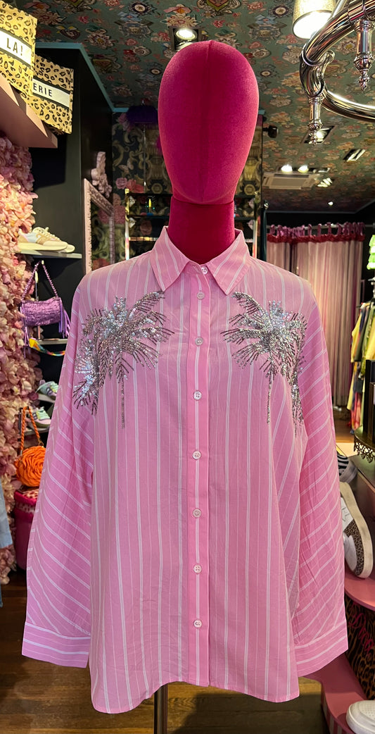 Essentiel antwerp camicia m/ l cotone righe rosa ricamo palme argento