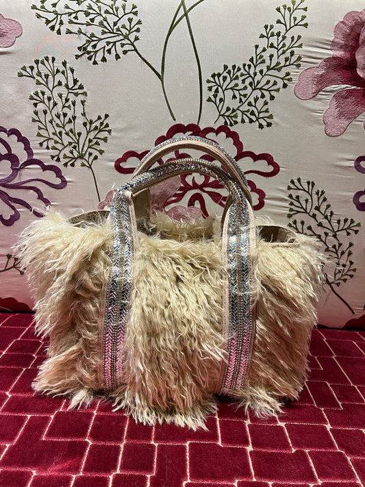 Borsa ecopelliccia panna piccola due manici Swarovski pochette e tracollina