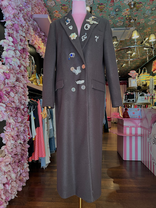 5 Progress cappotto doppiopetto con spille marrone scuro