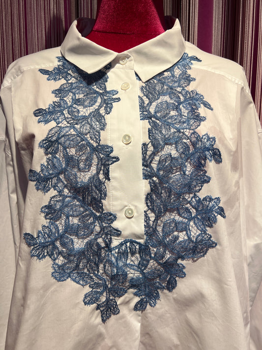 Ermanno Scervino camicia bianca pizzo azzurro con fiocco posteriore