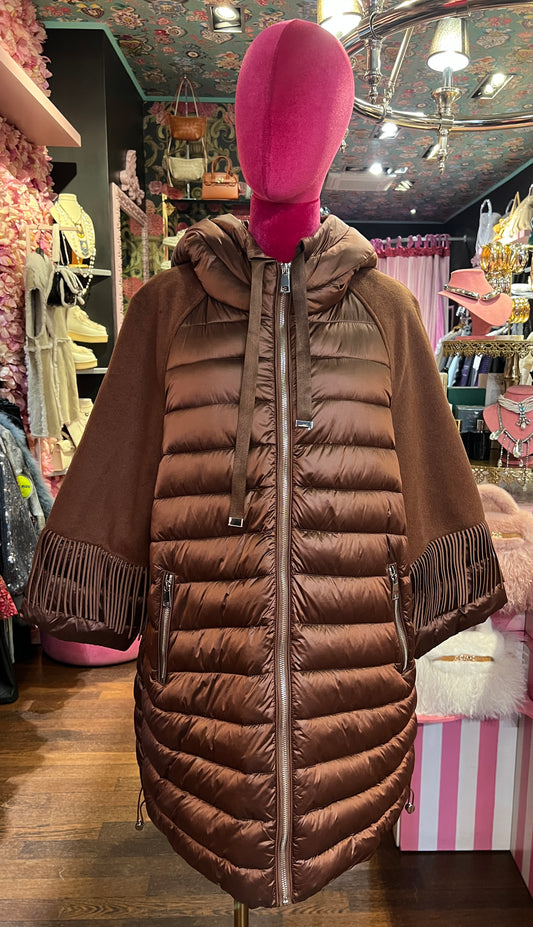 The room piumino con cappuccio cioccolato manica con frange