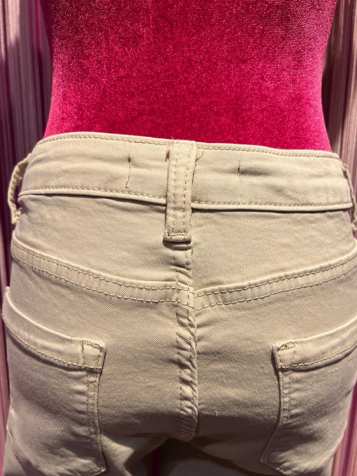 Mon amour Paris pantalone 5 tasche cotone elasticizzato orlo sfrangiato beige a zampetta