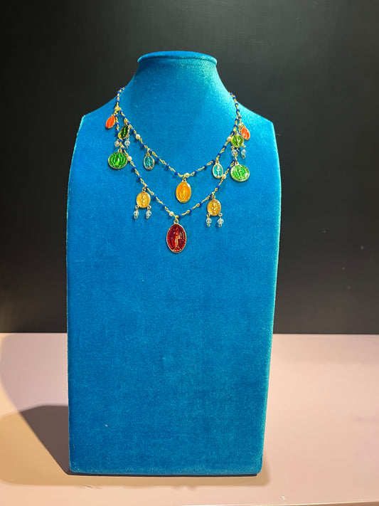 Collana girocollo doppio filo perline blu immagini sacre