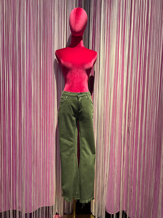 Mon amour Paris pantalone 5 tasche elasticizzato a zampetta, orlo sfrangiato verde militare