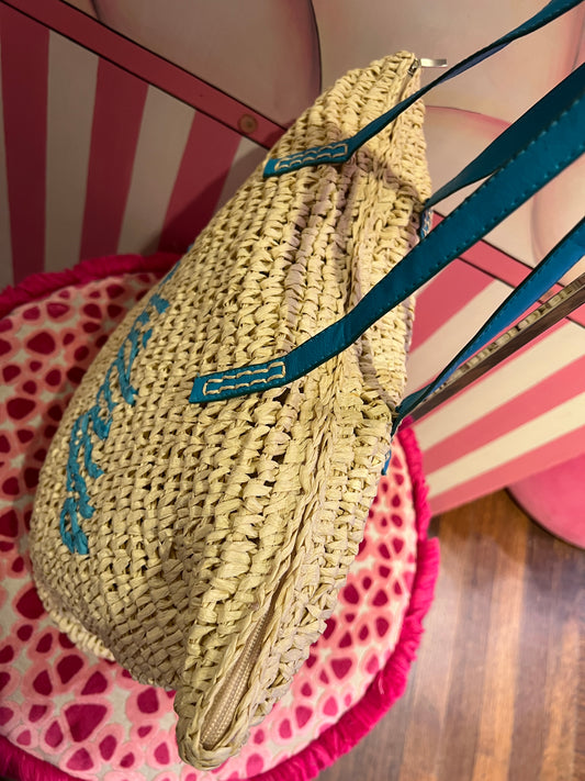 Borsa rafia ed ecopelle sabbia e turchese