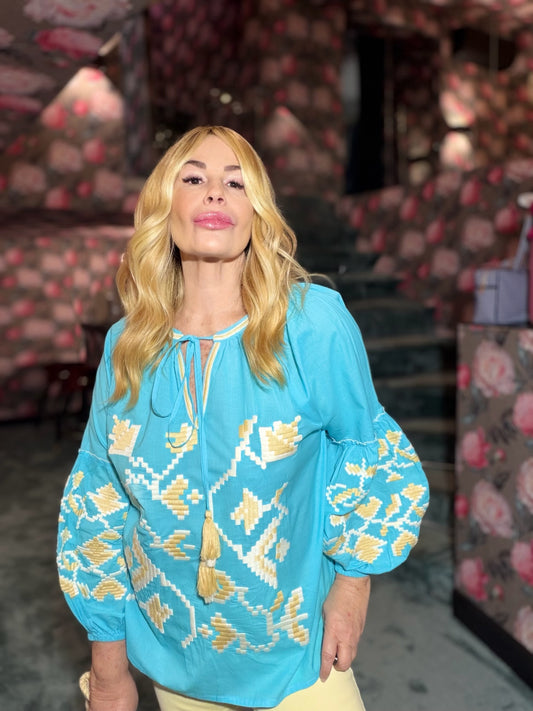 Mon amour Paris camicia manica baloon turchese beige e bianca