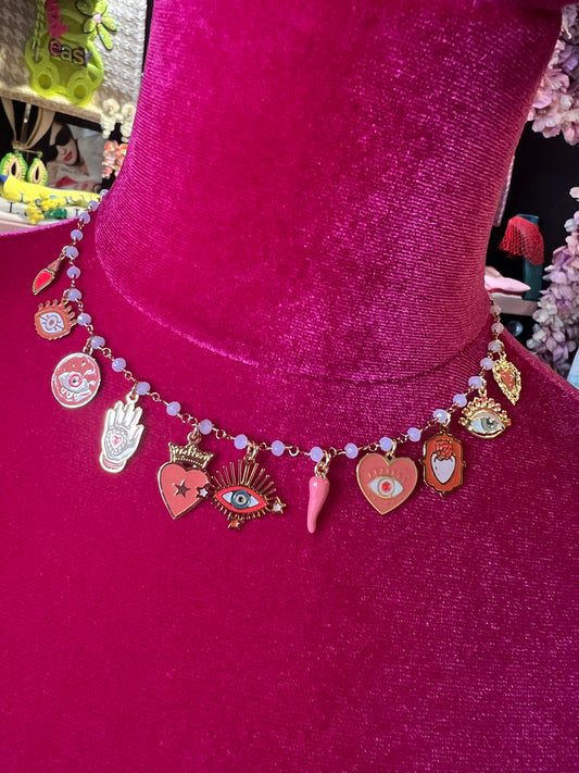 Principessa Glam collana girocollo perline rosa occhio, cornetto cuori rosa