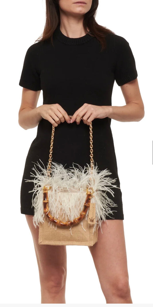 La Milanesa borsa intrecciata in juta manici in bamboo tracollina dorata violetta small panna
