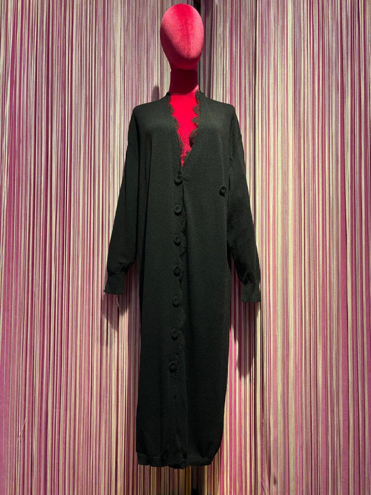Pink memories cardigan lungo nero con cintura e pizzo nero