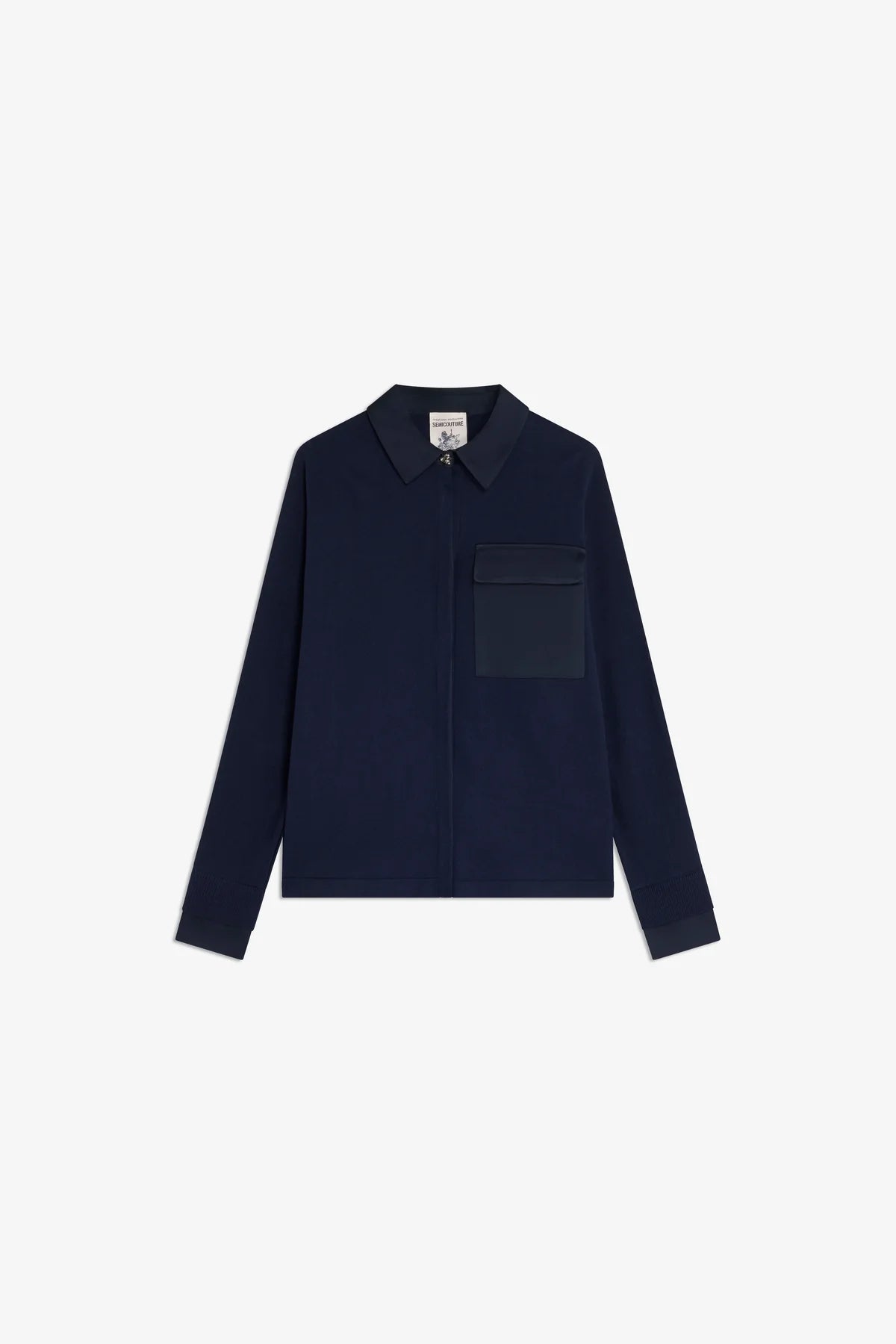 Semicouture maglia in lana blu con dettagli colletto polsini e tasca in enerversatin